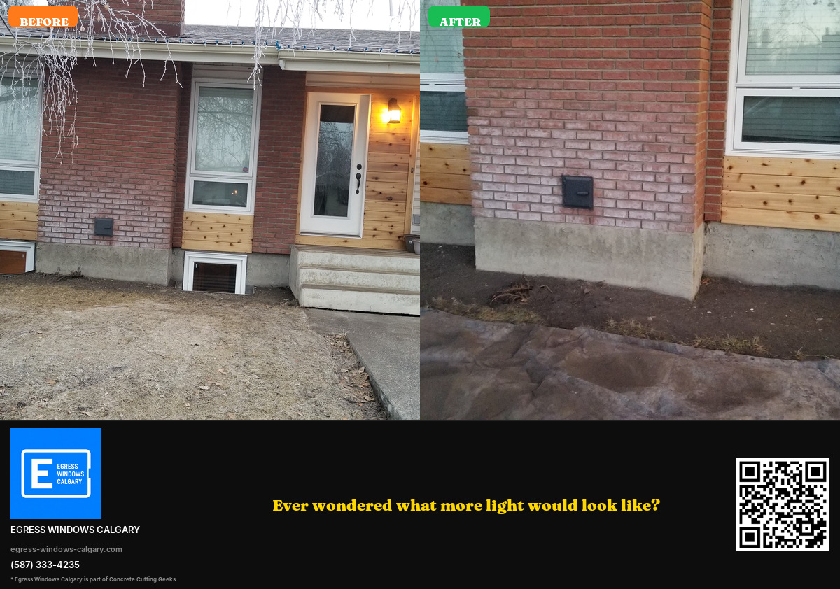 Before and after egress window installation on Calgary brick and cedar home exterior — small basement window replaced with full code-compliant casement and finished mailbox-side approach
