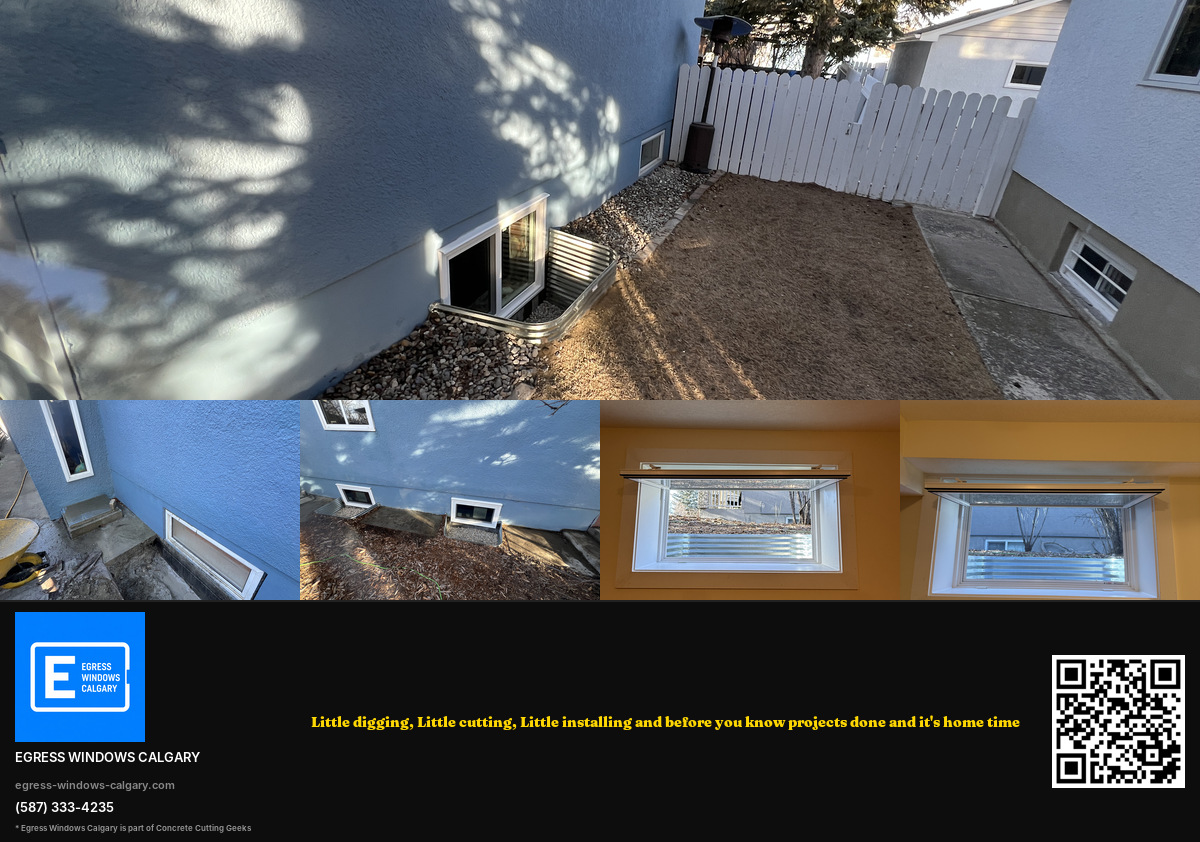 Egress window project documentation Calgary — exterior excavation, concrete cutting in progress, two finished wells on blue stucco home, and interior view of completed window