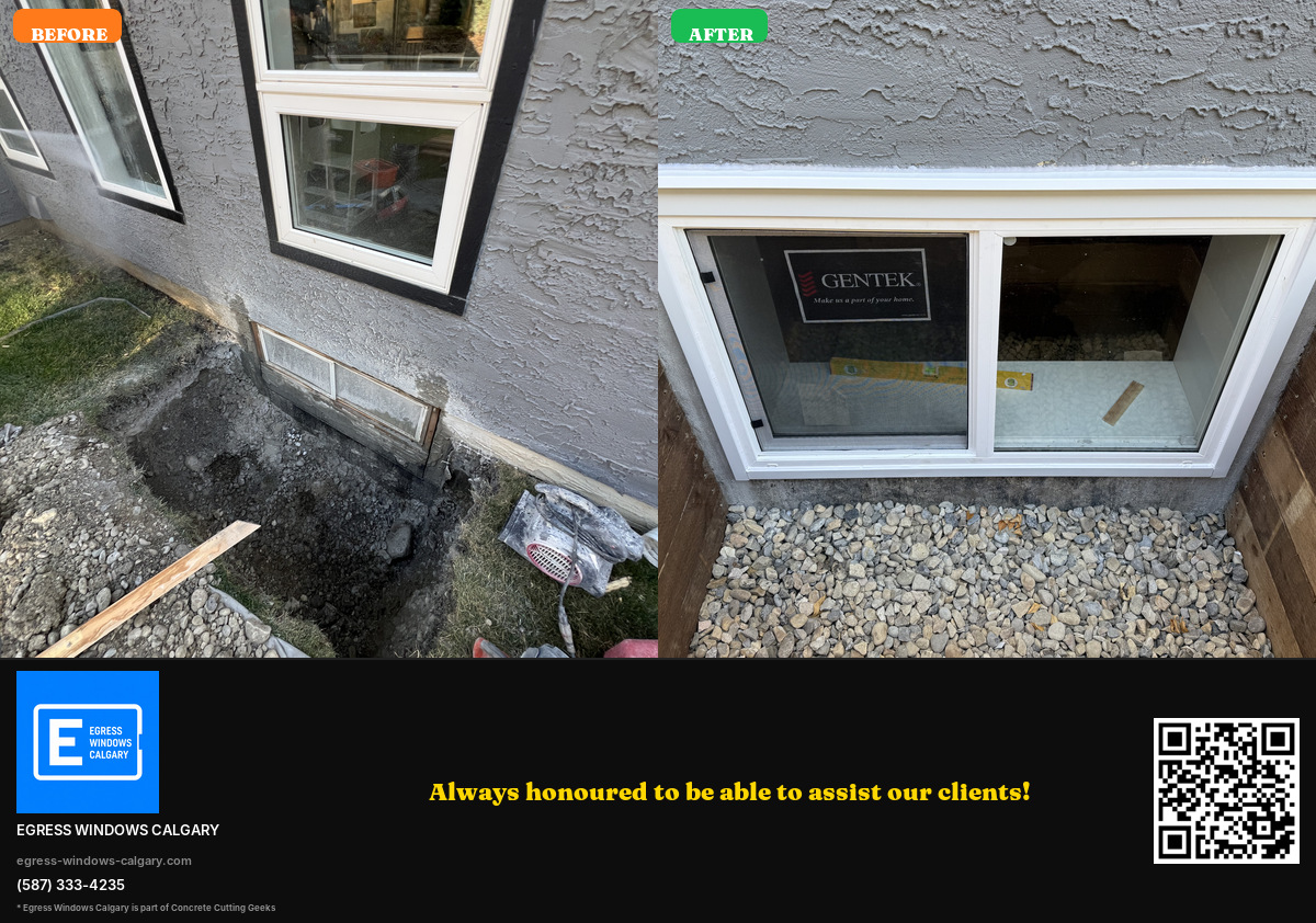 Before and after egress window installation on Calgary gray stucco home — excavation alongside foundation wall to finished Gentek window with stone-filled galvanized well
