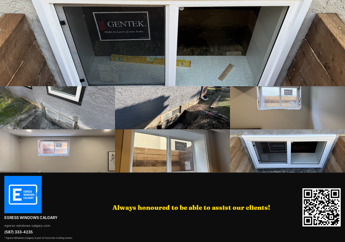 Full egress window project sequence Calgary — exterior excavation alongside gray stucco wall, finished Gentek window with wood retaining flanks, interior bedroom views with new code-compliant window installed